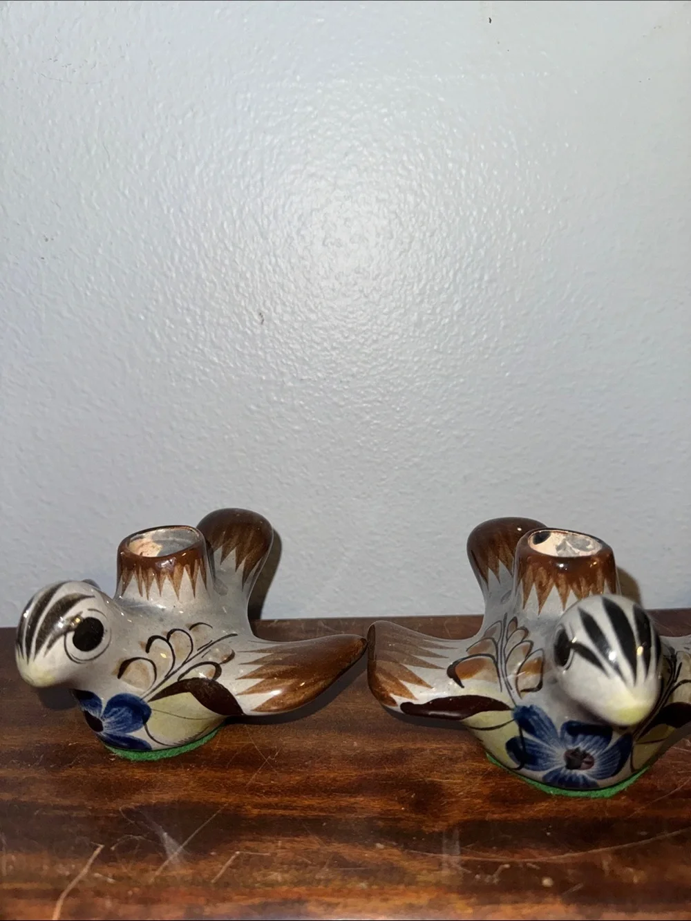 Vintage Hand-Painted Tonala Mexican Folk Art Pottery Bird Candle Holder Pair